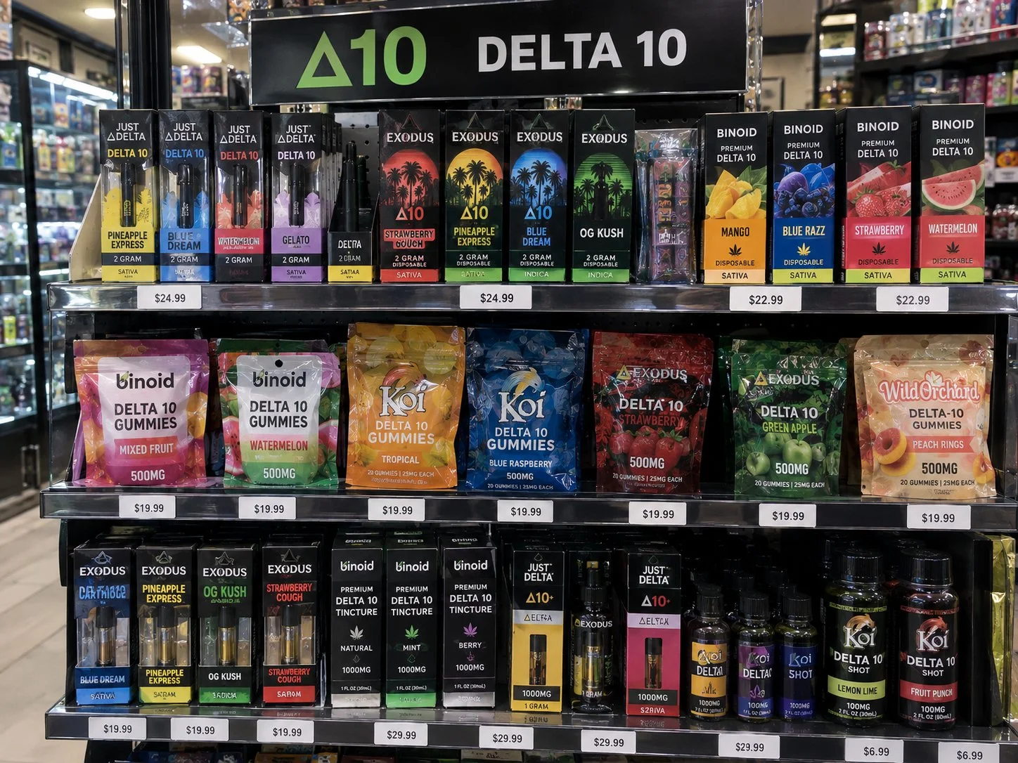 The Delta 10 shelf at White Cloud 2 Smoke Shop