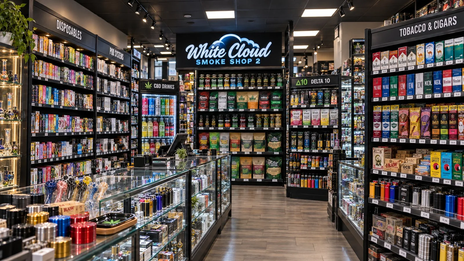Inside White Cloud 2 Smoke Shop, looking toward the counter