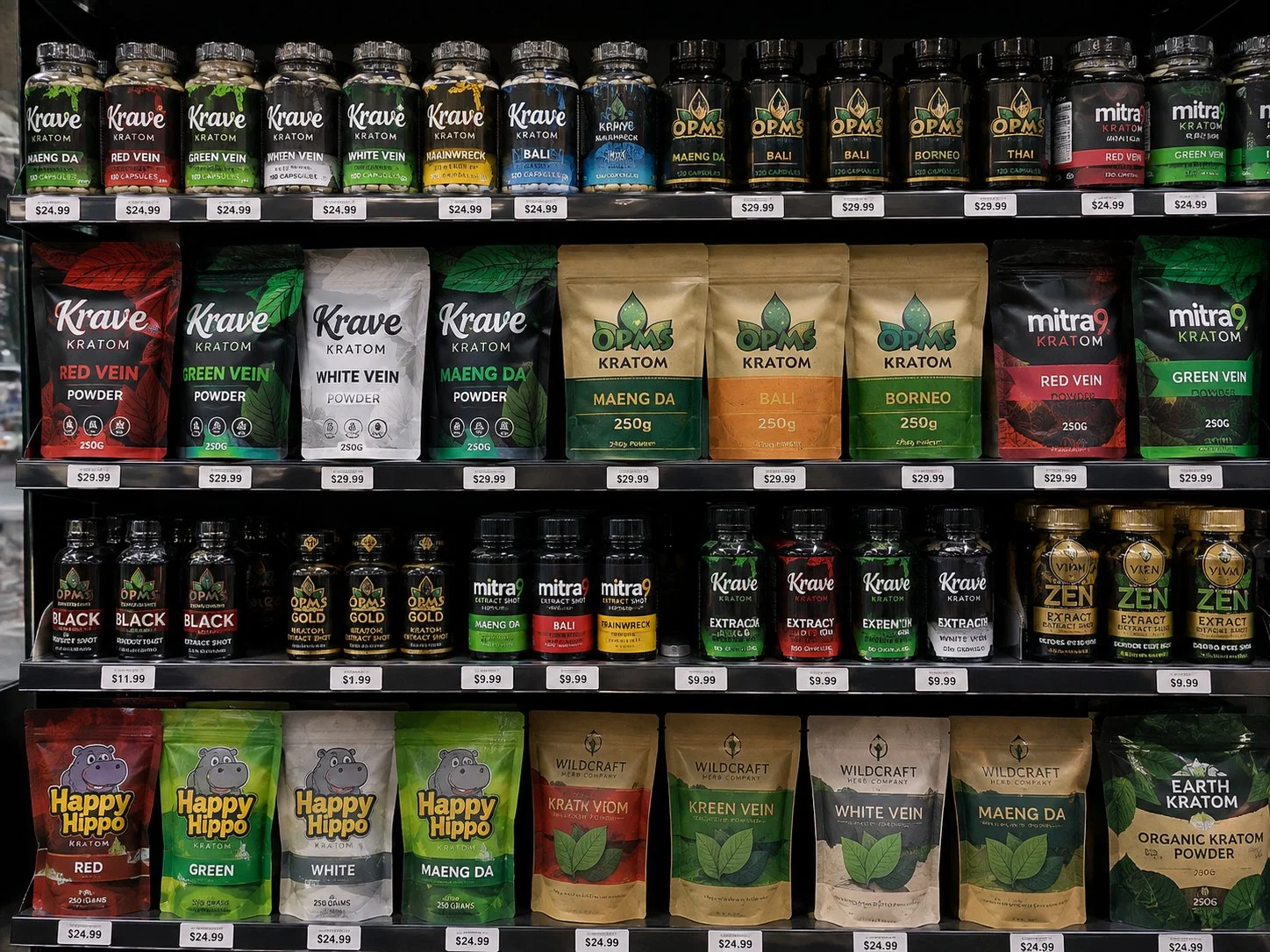 The kratom shelf at White Cloud 2 Smoke Shop, clearly labelled